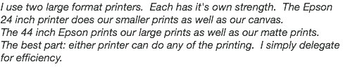 I use two large format printers. Each has it's own strength. The Epson 24 inch printer does our smaller prints as well as our canvas.  The 44 inch Epson prints our large prints as well as our matte prints. The best part: either printer can do any of the printing. I simply delegate for efficiency.